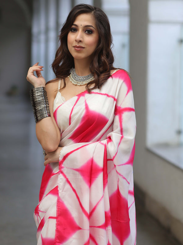 Banarasee Semi Silk Hand-dyed Shibori Work Saree-White & Pink