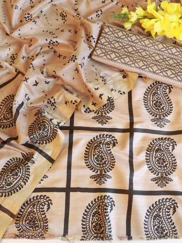 Handloom Block Printed Khadi Cotton Salwar Kameez With Dupatta Set-Beige