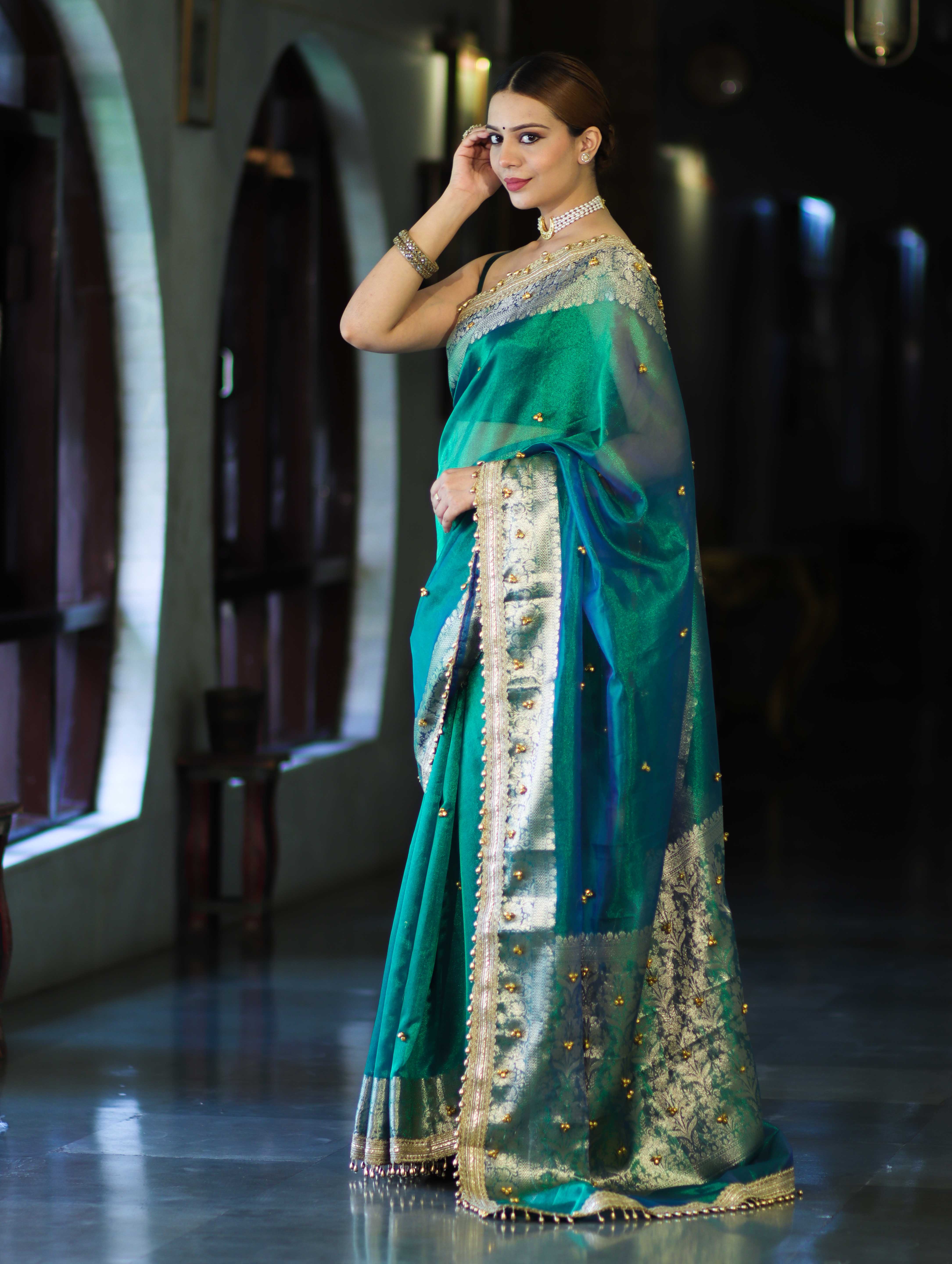 Banarasee Handwoven Tissue Saree With Embroidered Ghungroo Work-Green (Dual Tone)