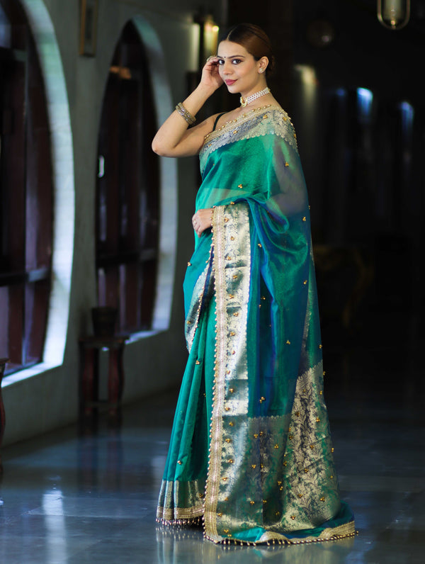 Banarasee Handwoven Tissue Saree With Embroidered Ghungroo Work-Green (Dual Tone)