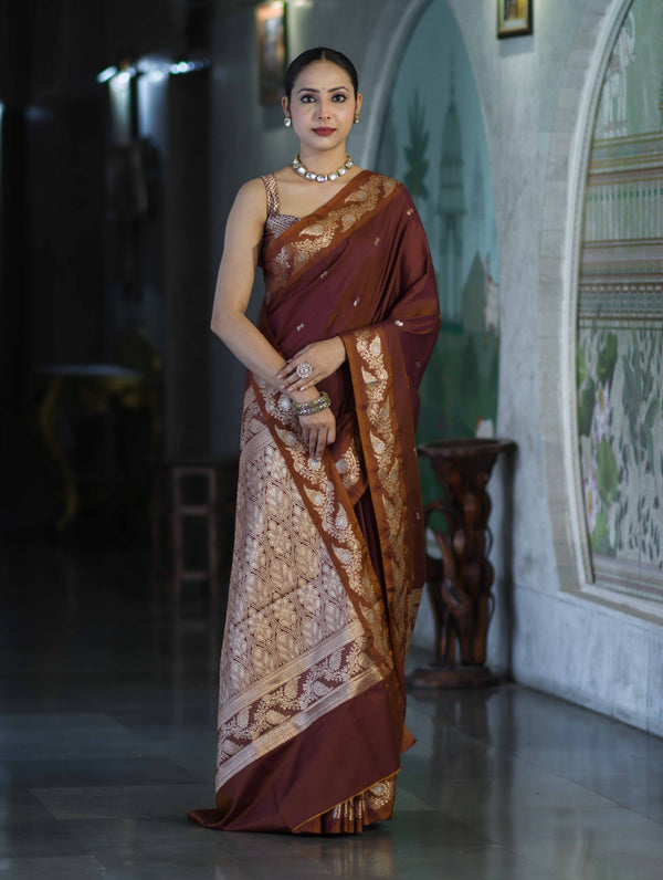 Banarasee Handloom Semi Silk Saree With Sona Rupa Zari Buti Design & Floral Border-Burgundy