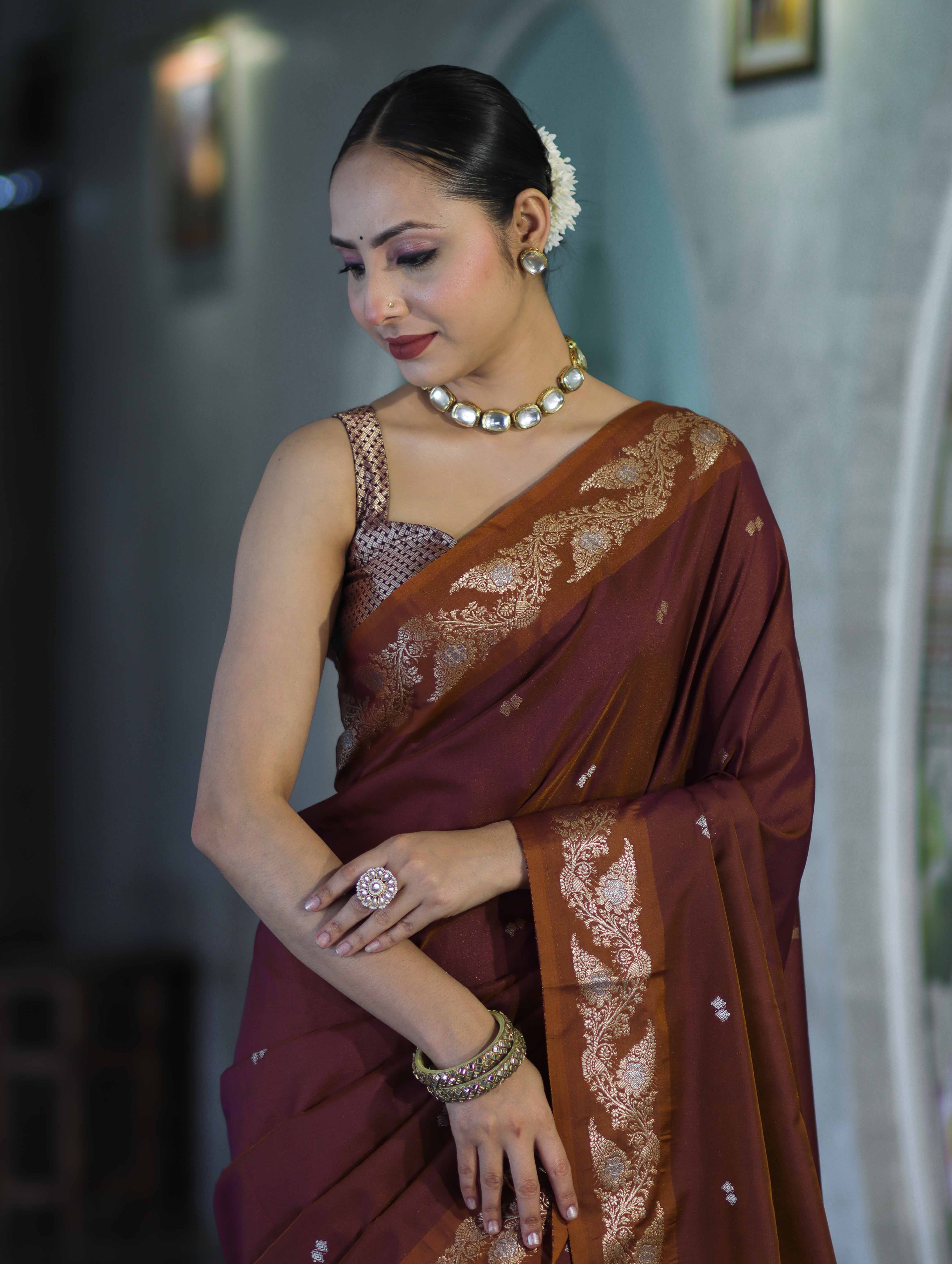 Banarasee Handloom Semi Silk Saree With Sona Rupa Zari Buti Design & Floral Border-Burgundy
