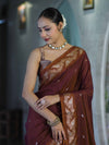 Banarasee Handloom Semi Silk Saree With Sona Rupa Zari Buti Design & Floral Border-Burgundy