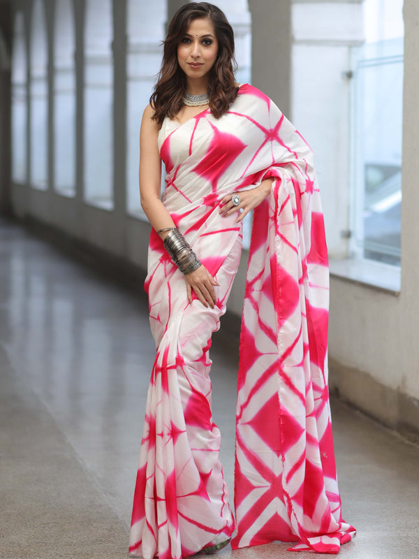 Banarasee Semi Silk Hand-dyed Shibori Work Saree-White & Pink