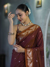 Banarasee Handloom Semi Silk Saree With Sona Rupa Zari Buti Design & Floral Border-Burgundy