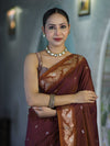 Banarasee Handloom Semi Silk Saree With Sona Rupa Zari Buti Design & Floral Border-Burgundy
