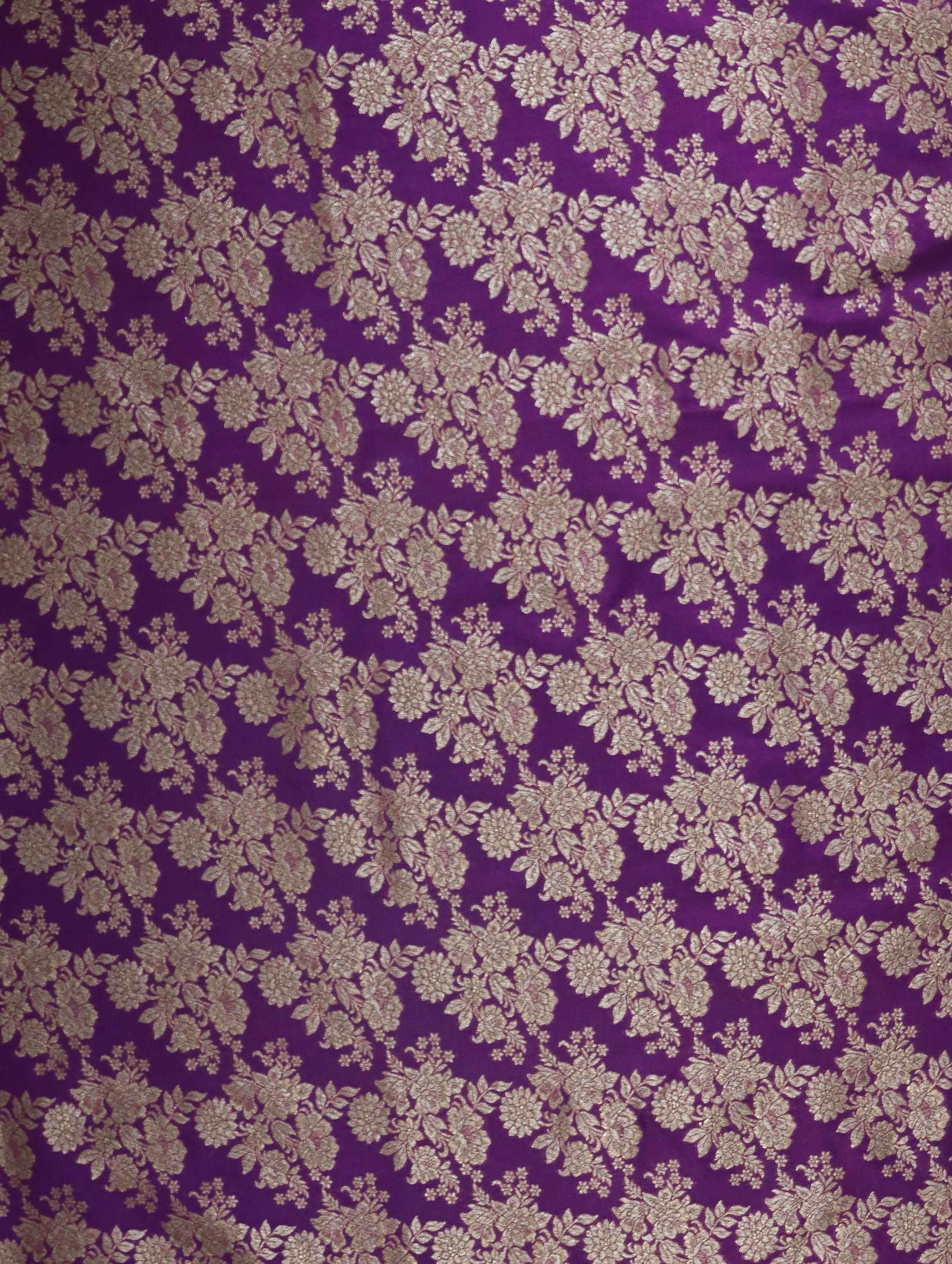 Banarasee Semi Katan Antique Zari Jaal Fabric-Violet