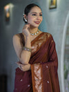 Banarasee Handloom Semi Silk Saree With Sona Rupa Zari Buti Design & Floral Border-Burgundy