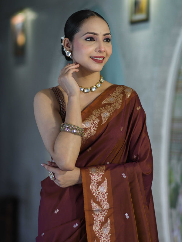 Banarasee Handloom Semi Silk Saree With Sona Rupa Zari Buti Design & Floral Border-Burgundy