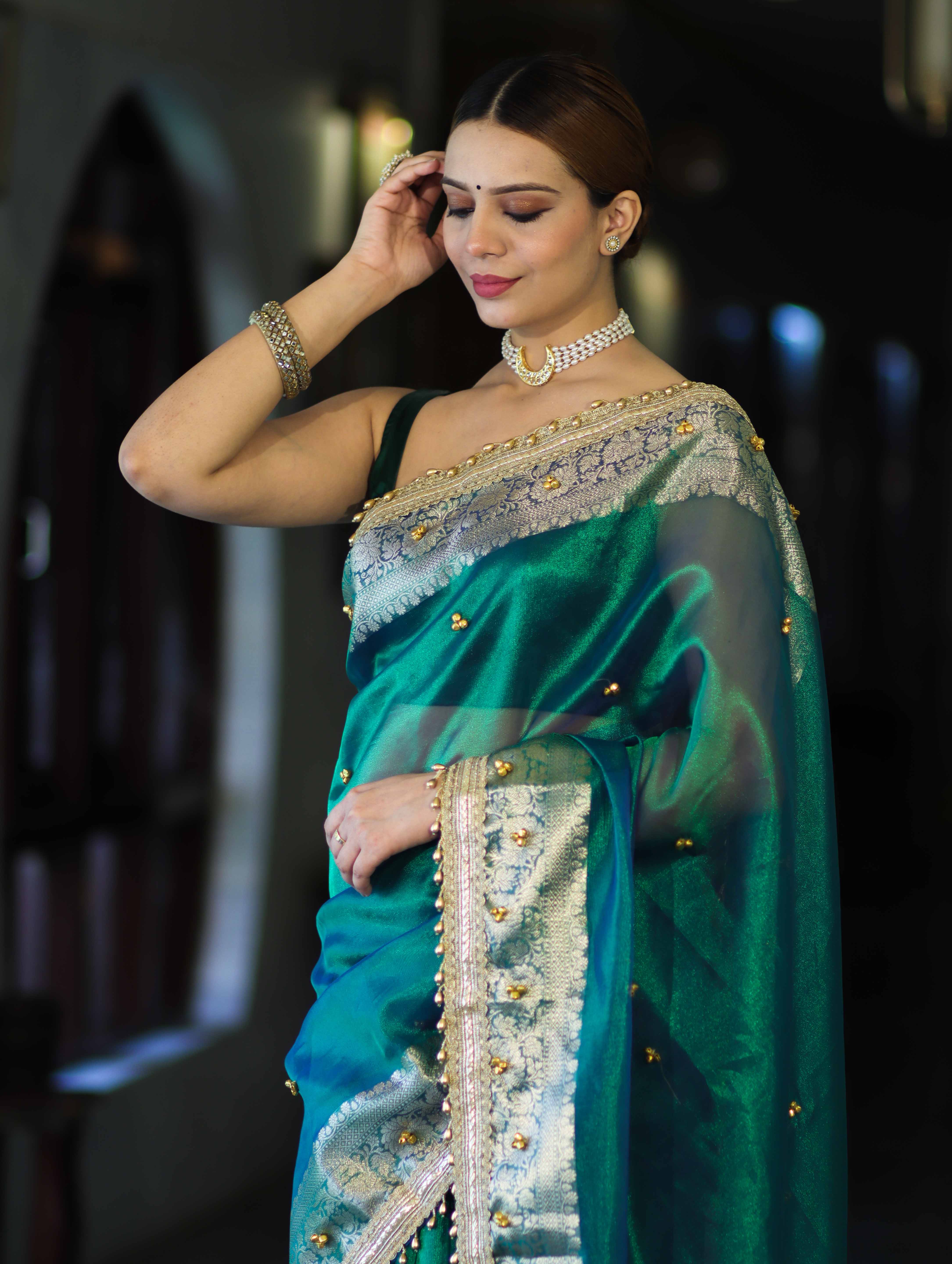 Banarasee Handwoven Tissue Saree With Embroidered Ghungroo Work-Green (Dual Tone)