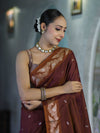 Banarasee Handloom Semi Silk Saree With Sona Rupa Zari Buti Design & Floral Border-Burgundy