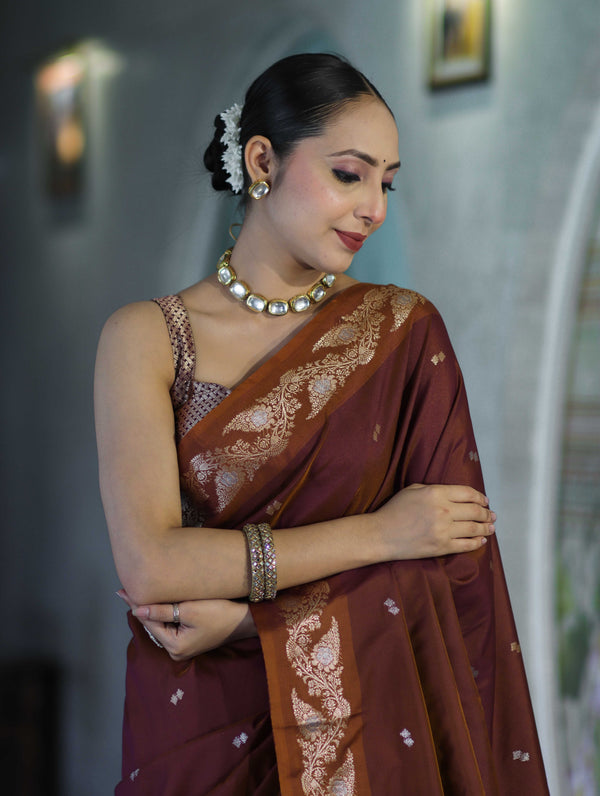 Banarasee Handloom Semi Silk Saree With Sona Rupa Zari Buti Design & Floral Border-Burgundy