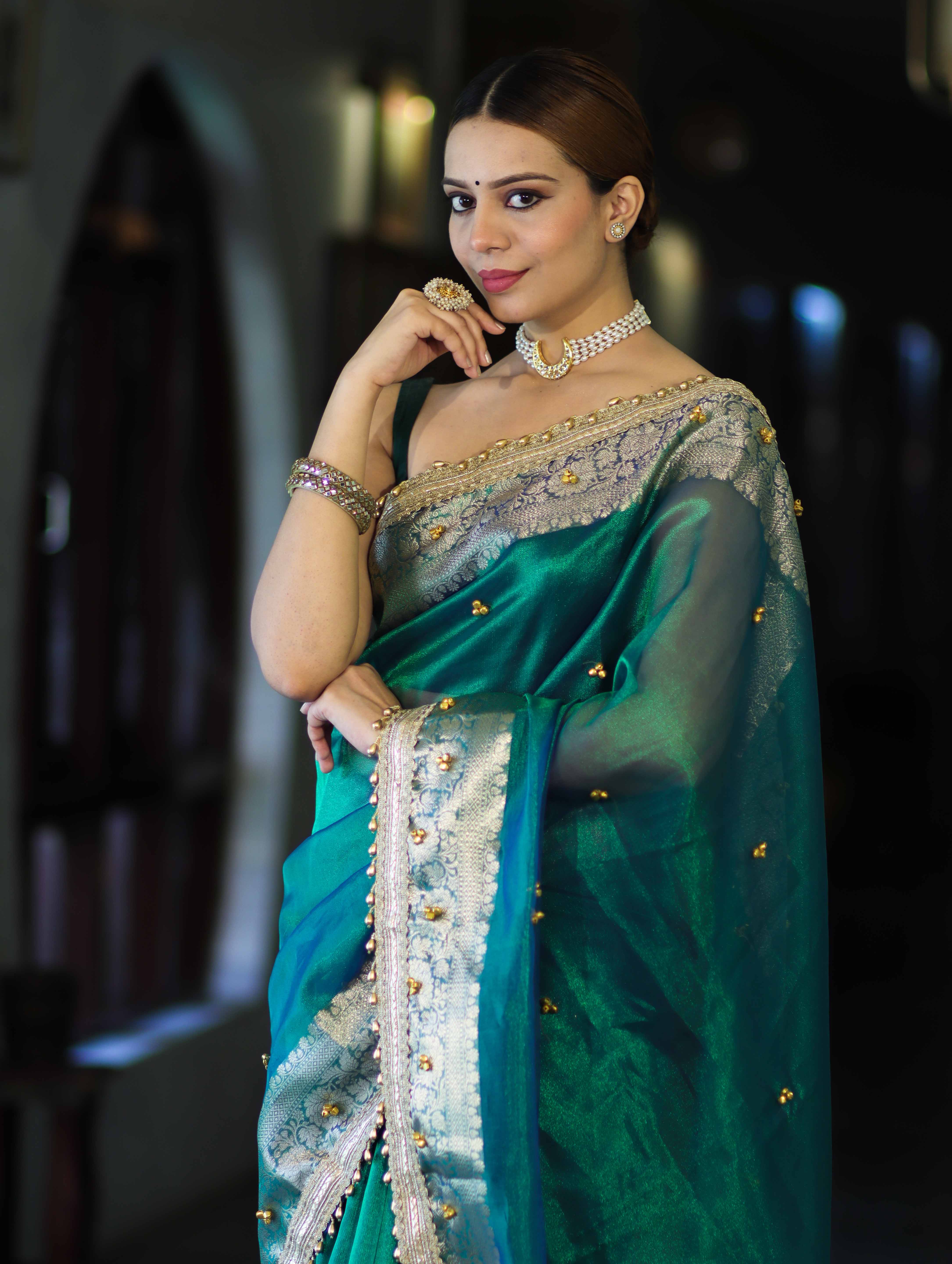 Banarasee Handwoven Tissue Saree With Embroidered Ghungroo Work-Green (Dual Tone)