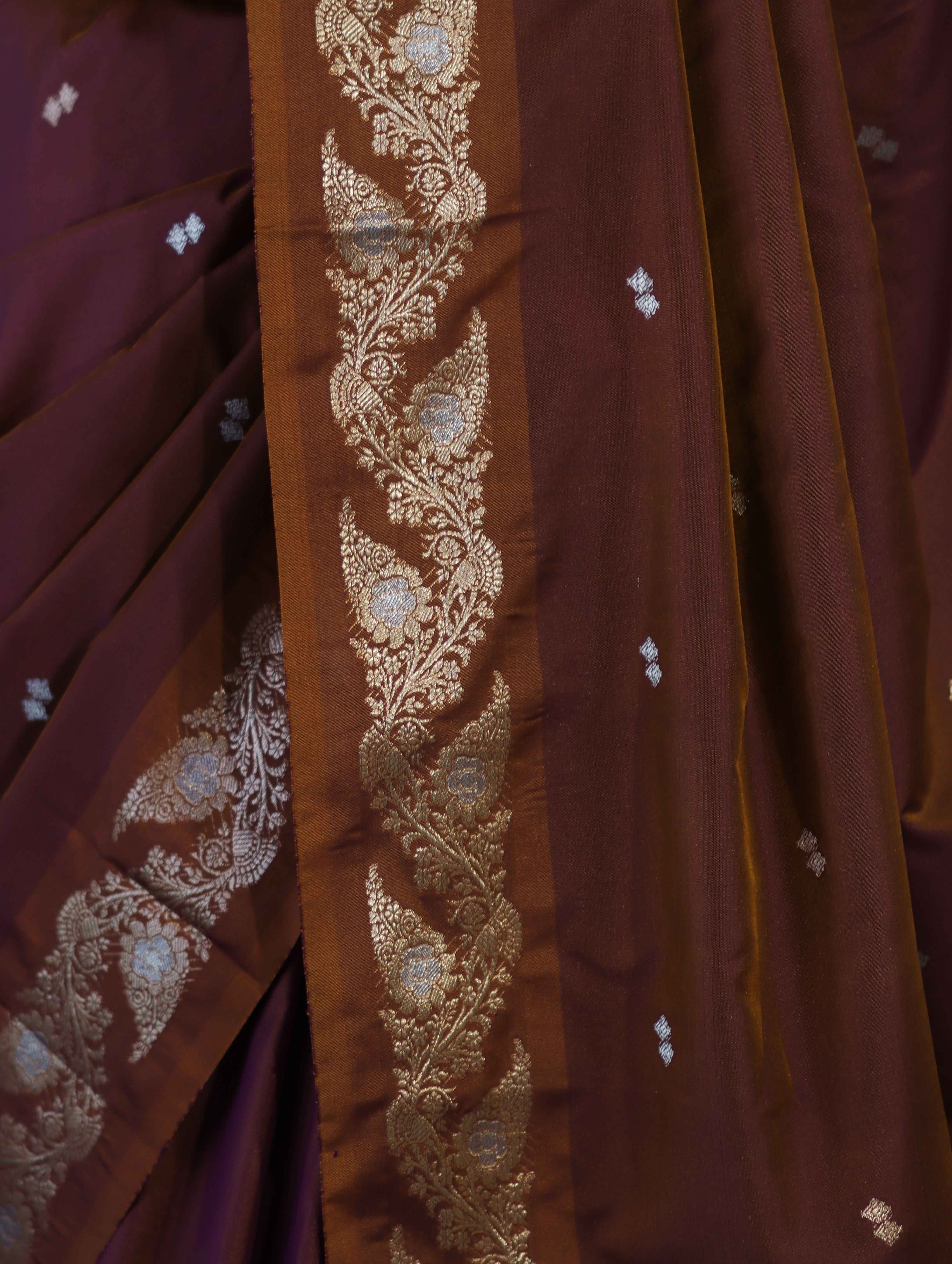 Banarasee Handloom Semi Silk Saree With Sona Rupa Zari Buti Design & Floral Border-Burgundy