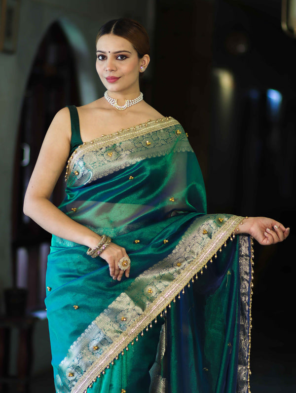 Banarasee Handwoven Tissue Saree With Embroidered Ghungroo Work-Green (Dual Tone)