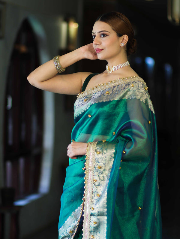 Banarasee Handwoven Tissue Saree With Embroidered Ghungroo Work-Green (Dual Tone)