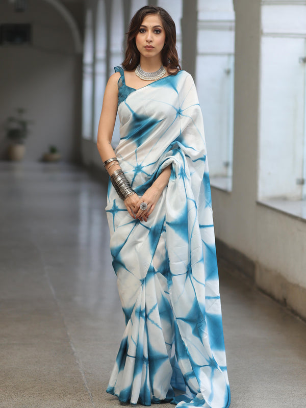 Banarasee Semi Silk Hand-dyed Shibori Work Saree-White & Blue