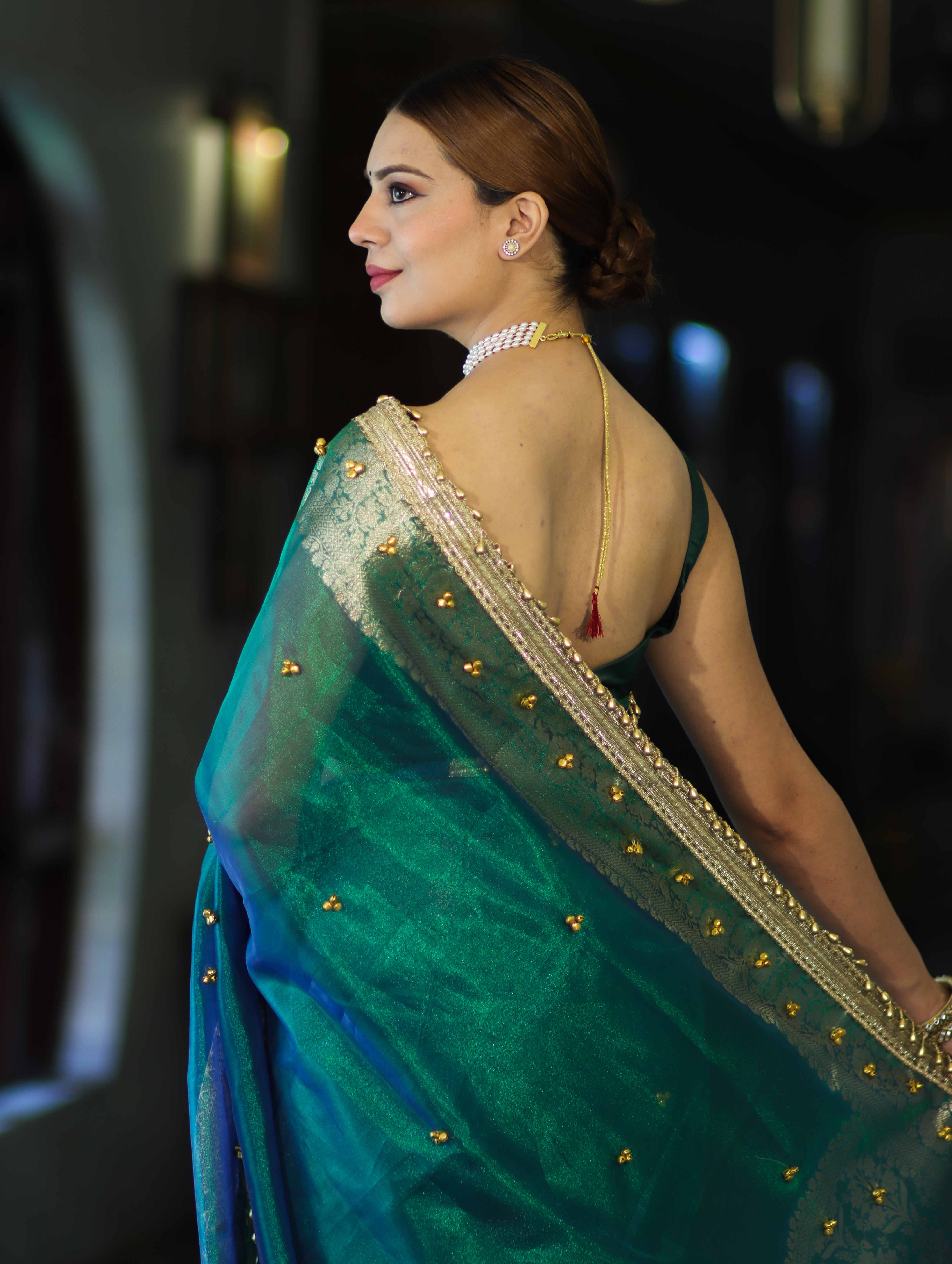 Banarasee Handwoven Tissue Saree With Embroidered Ghungroo Work-Green (Dual Tone)