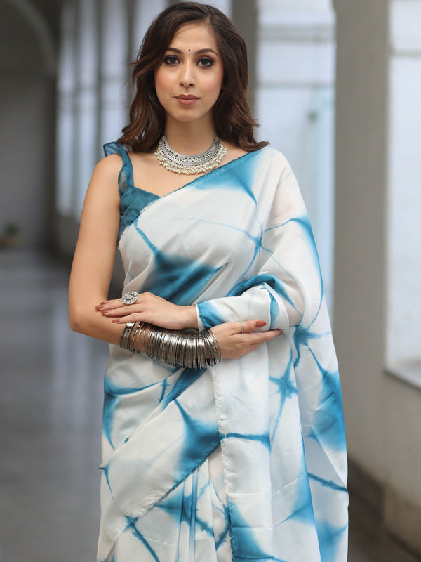 Banarasee Semi Silk Hand-dyed Shibori Work Saree-White & Blue