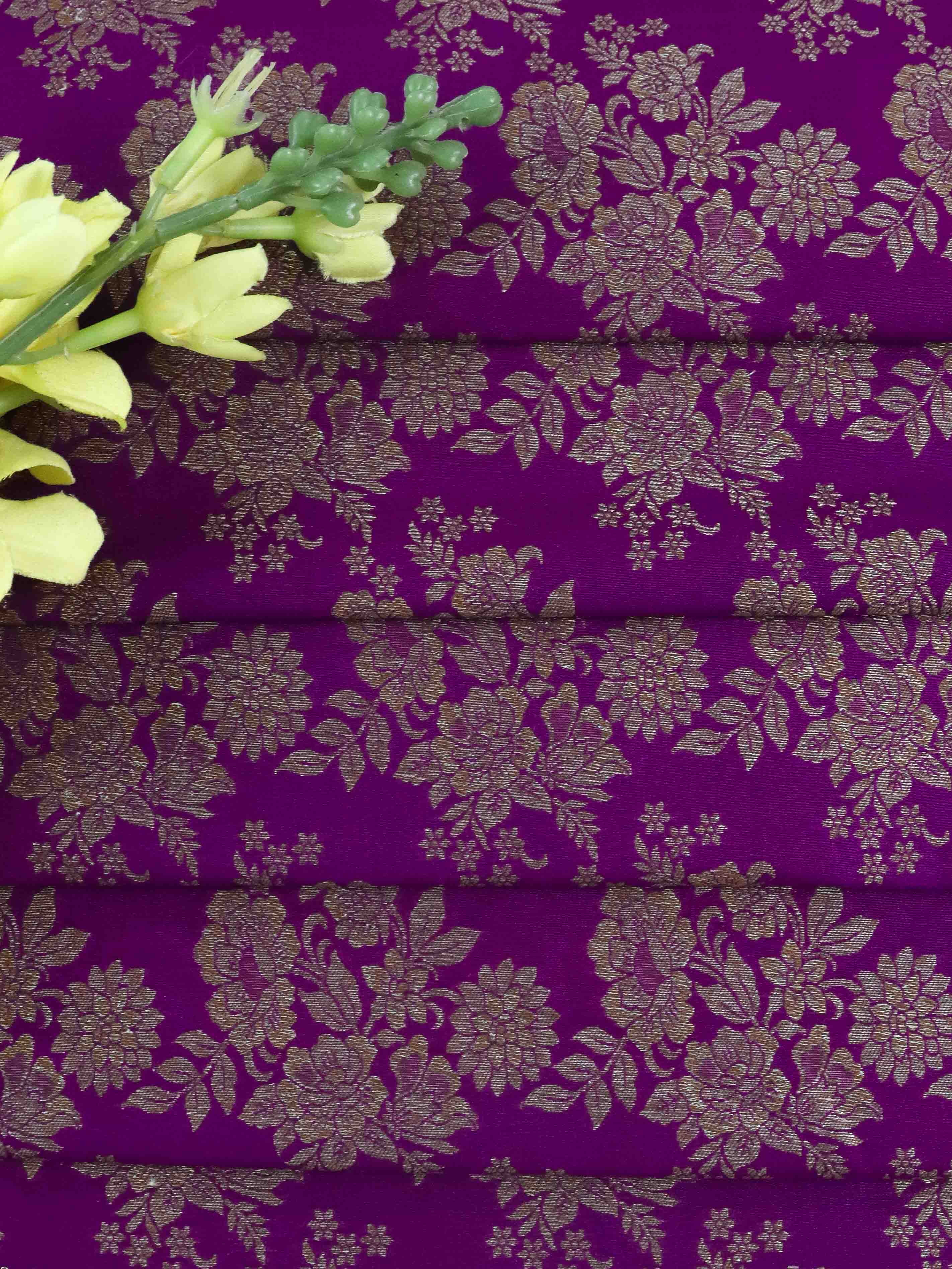 Banarasee Semi Katan Antique Zari Jaal Fabric-Violet
