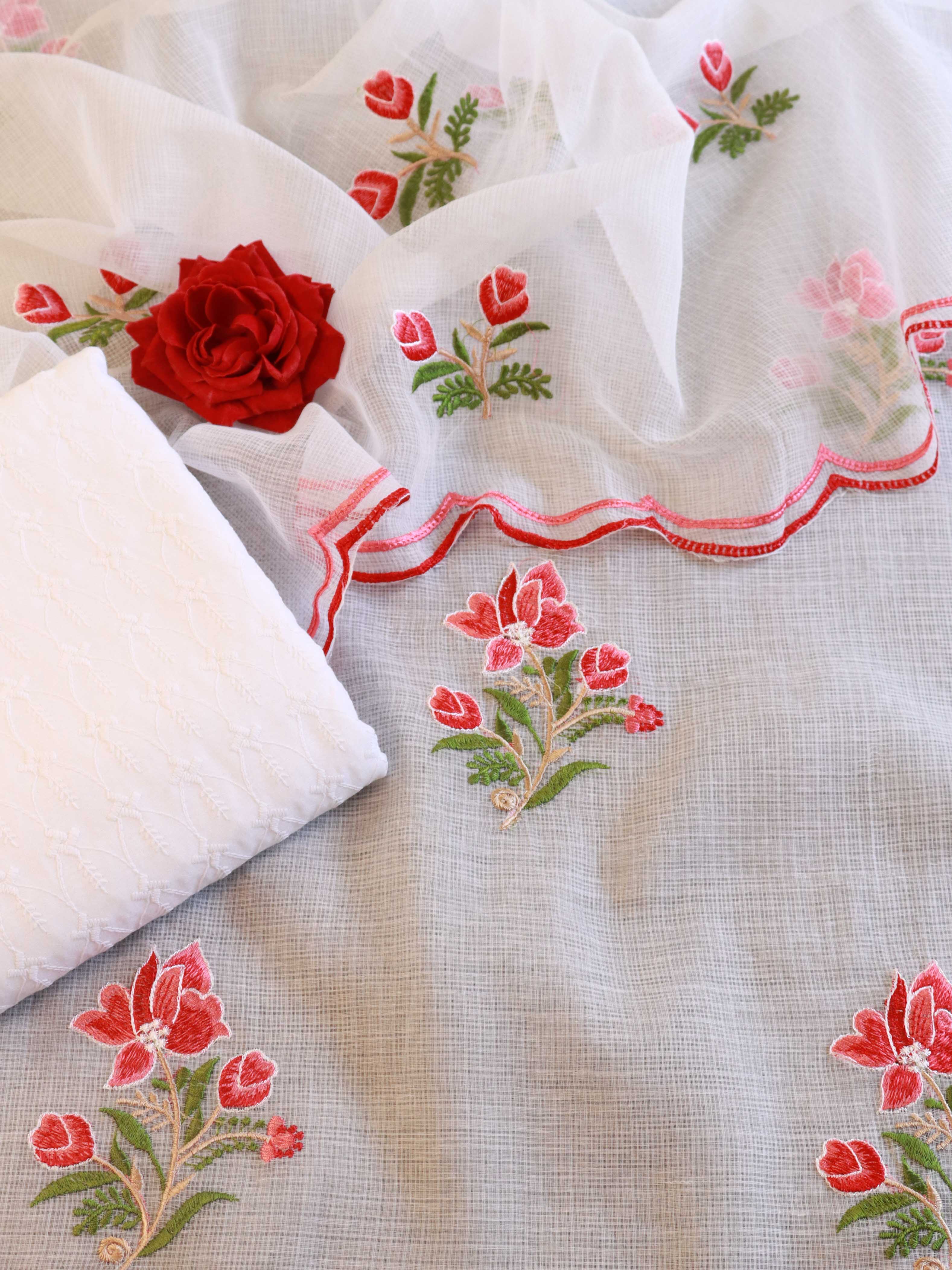 Banarasee Kota Doria Hand-Embroidered Salwar Kameez Dupatta Set-White