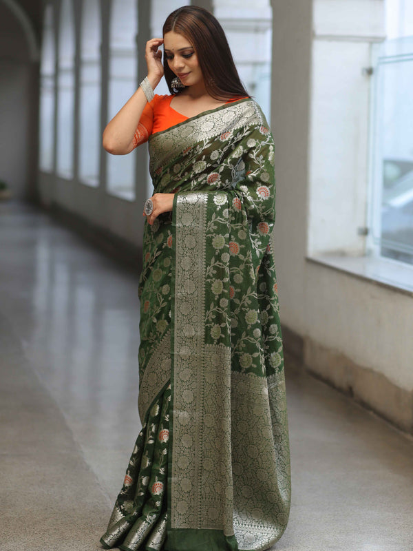 Banarasee Faux Georgette Saree With Silver Zari & Work-Olive Green