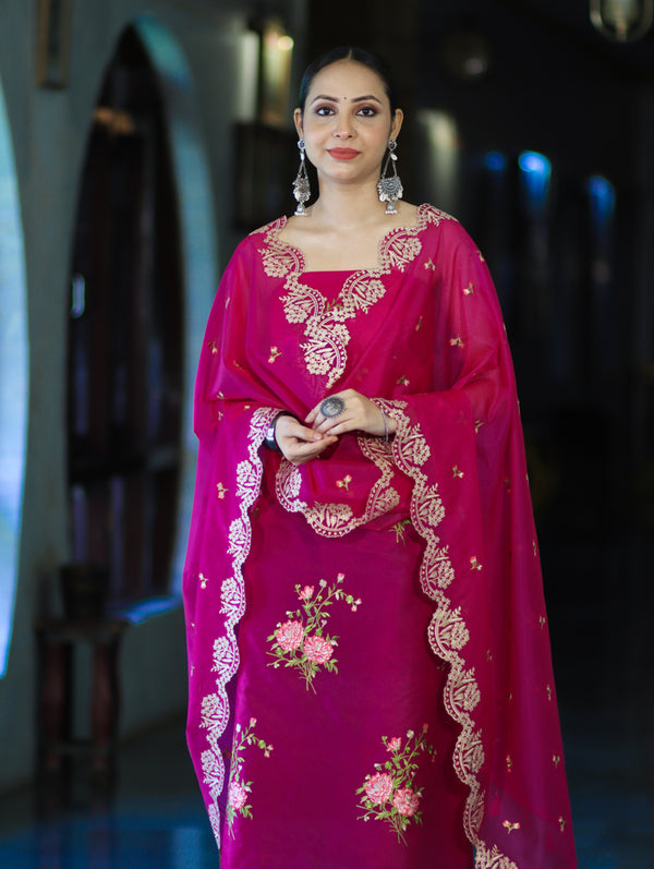 Banarasee Resham Embroidered Chanderi Salwar Kameez With Organza Dupatta Set-Magenta