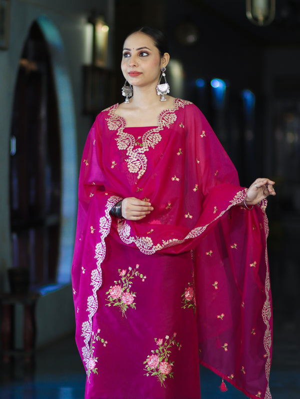 Banarasee Resham Embroidered Chanderi Salwar Kameez With Organza Dupatta Set-Magenta