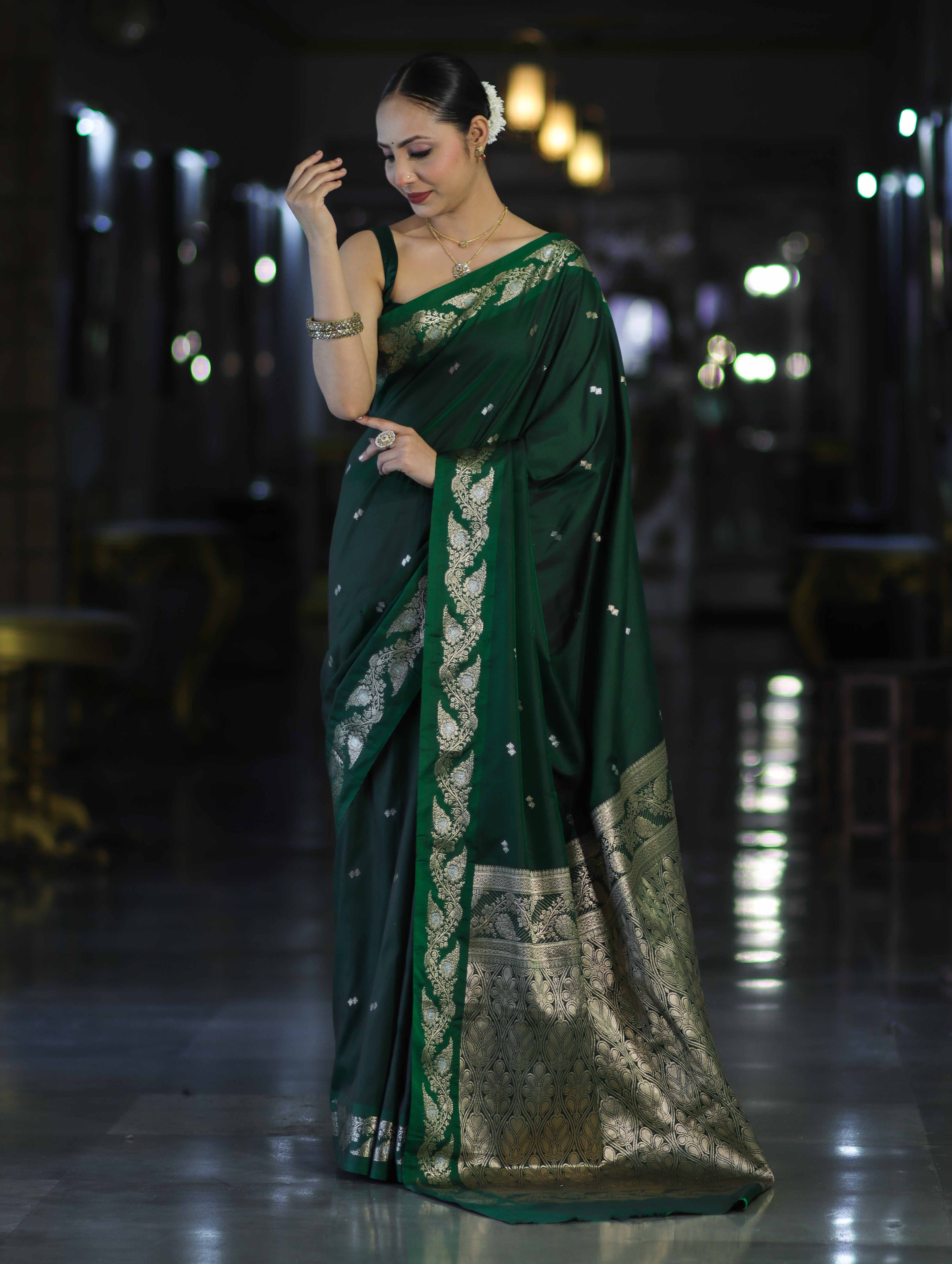 Banarasee Handloom Semi Silk Saree With Sona Rupa Zari Buti Design & Floral Border-Deep Green