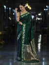 Banarasee Handloom Semi Silk Saree With Sona Rupa Zari Buti Design & Floral Border-Deep Green