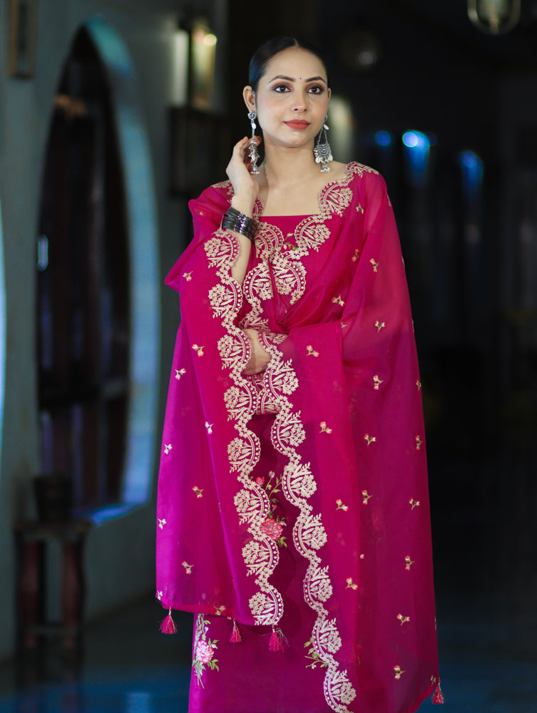 Banarasee Resham Embroidered Chanderi Salwar Kameez With Organza Dupatta Set-Magenta