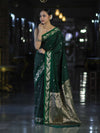 Banarasee Handloom Semi Silk Saree With Sona Rupa Zari Buti Design & Floral Border-Deep Green