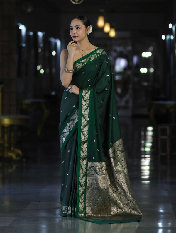 Banarasee Handloom Semi Silk Saree With Sona Rupa Zari Buti Design & Floral Border-Deep Green
