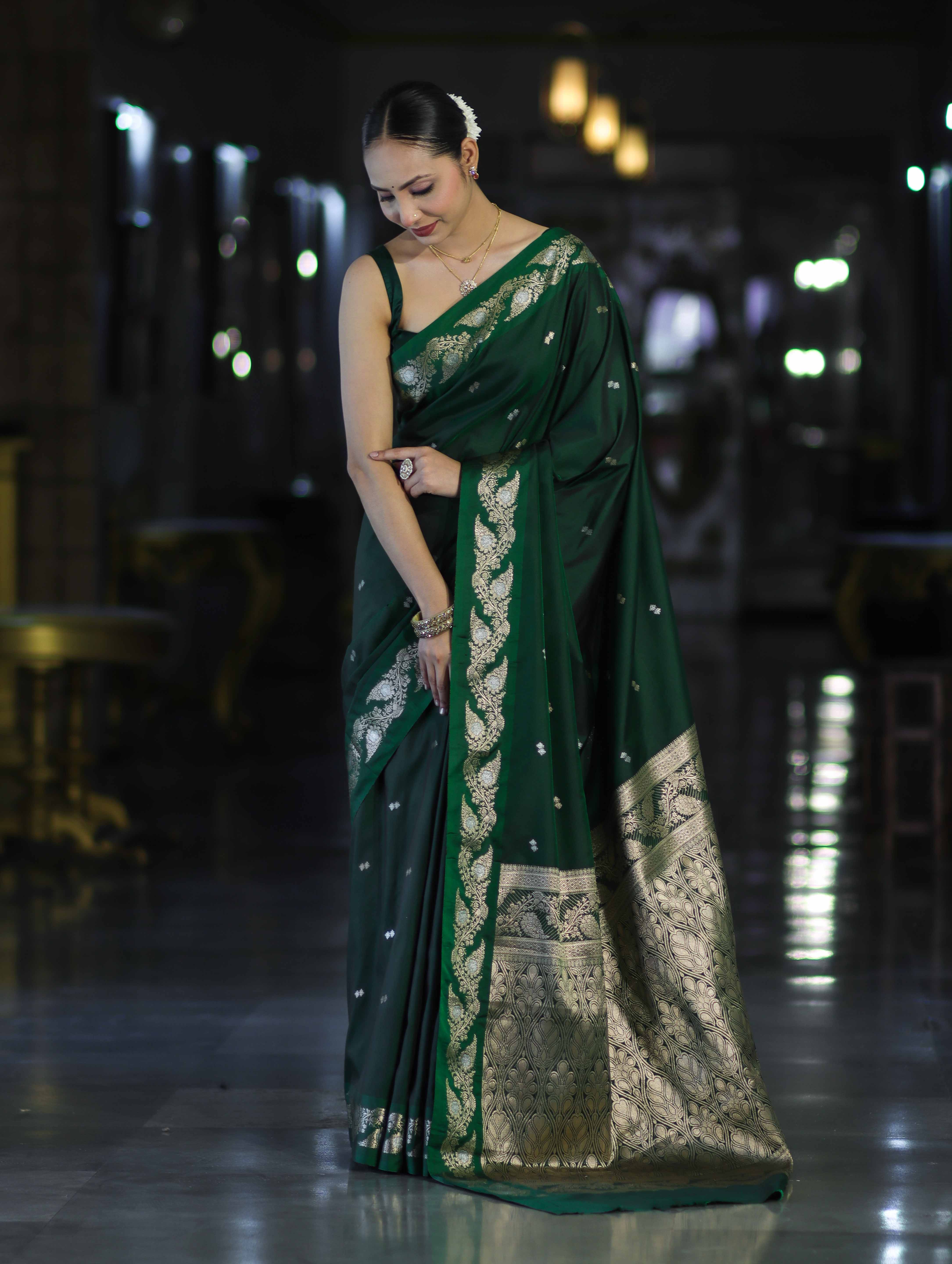 Banarasee Handloom Semi Silk Saree With Sona Rupa Zari Buti Design & Floral Border-Deep Green