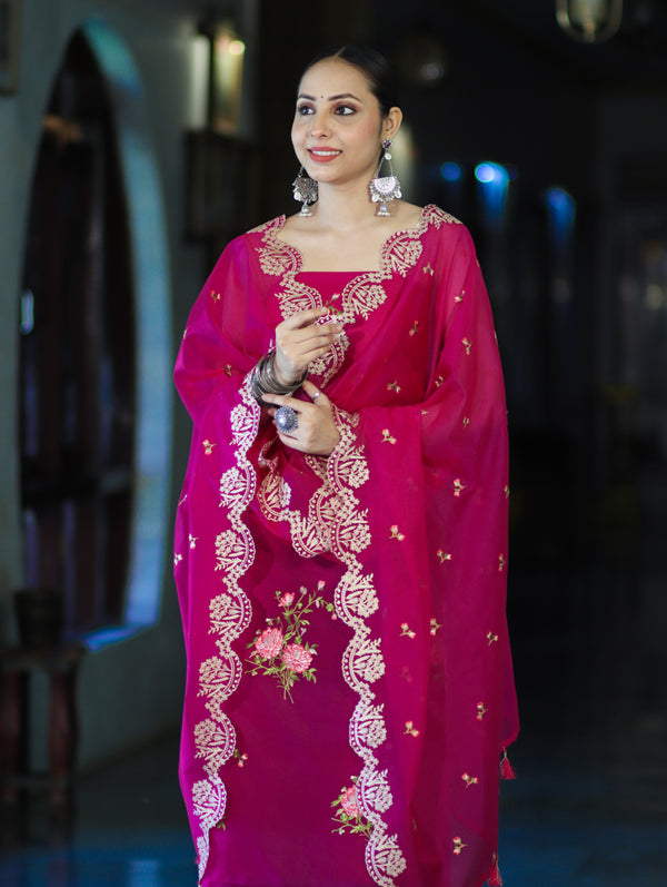 Banarasee Resham Embroidered Chanderi Salwar Kameez With Organza Dupatta Set-Magenta