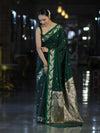 Banarasee Handloom Semi Silk Saree With Sona Rupa Zari Buti Design & Floral Border-Deep Green
