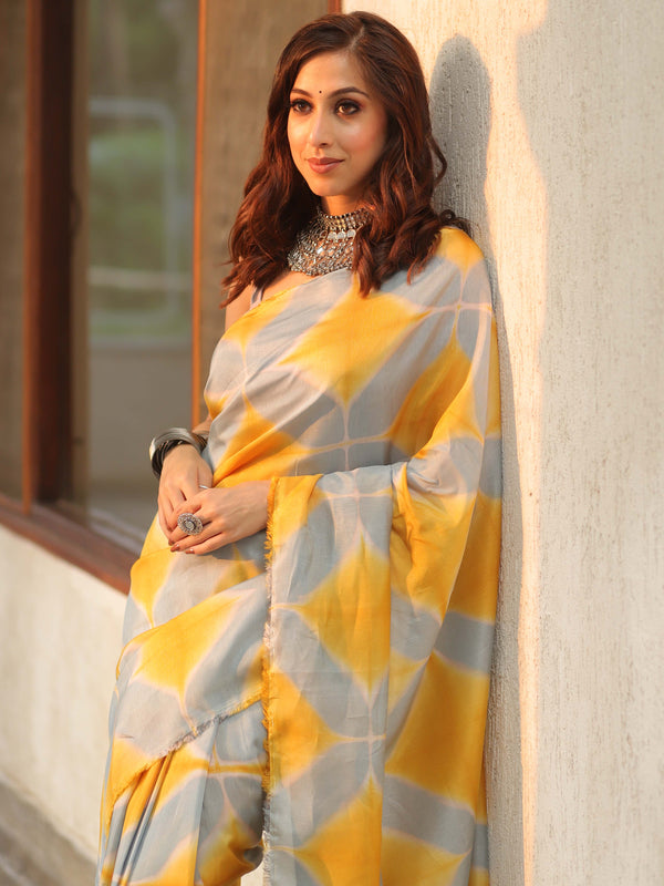 Banarasee Semi Silk Hand-dyed Shibori Work Saree-Yellow & Grey
