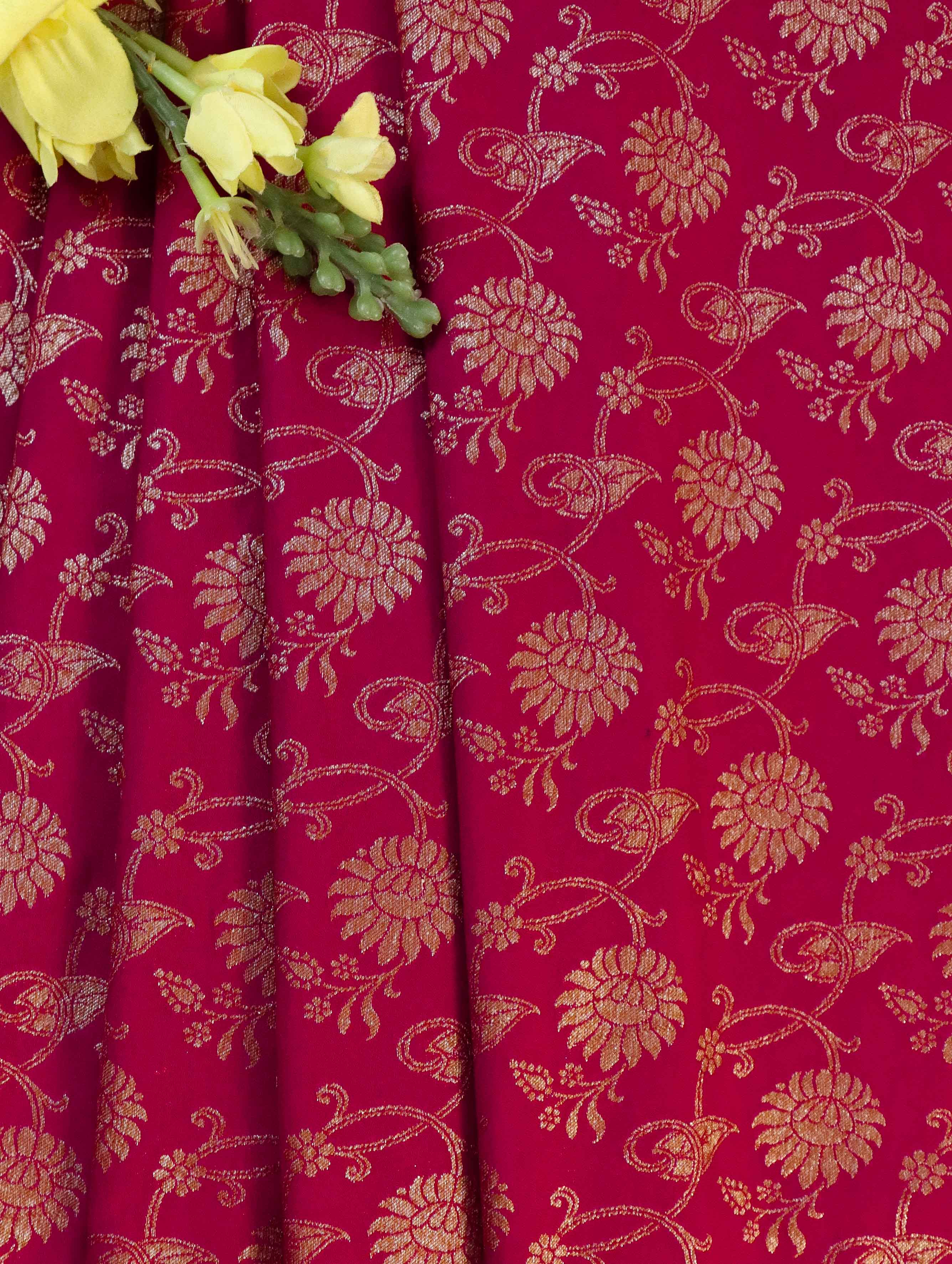 Banarasee Semi Katan Antique Zari Jaal Fabric-Red