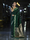 Banarasee Handloom Semi Silk Saree With Sona Rupa Zari Buti Design & Floral Border-Deep Green