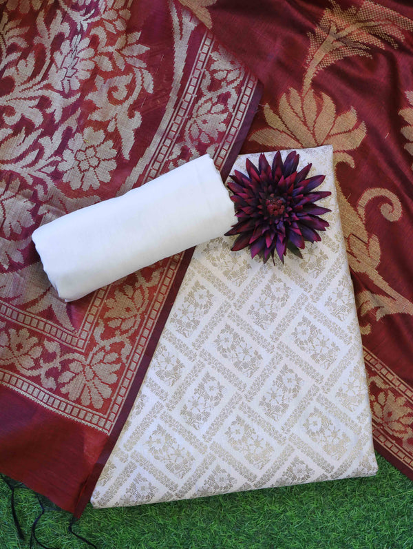 Banarasee Brocade Salwar Kameez Fabric With Contrast Dupatta-Cream & Maroon