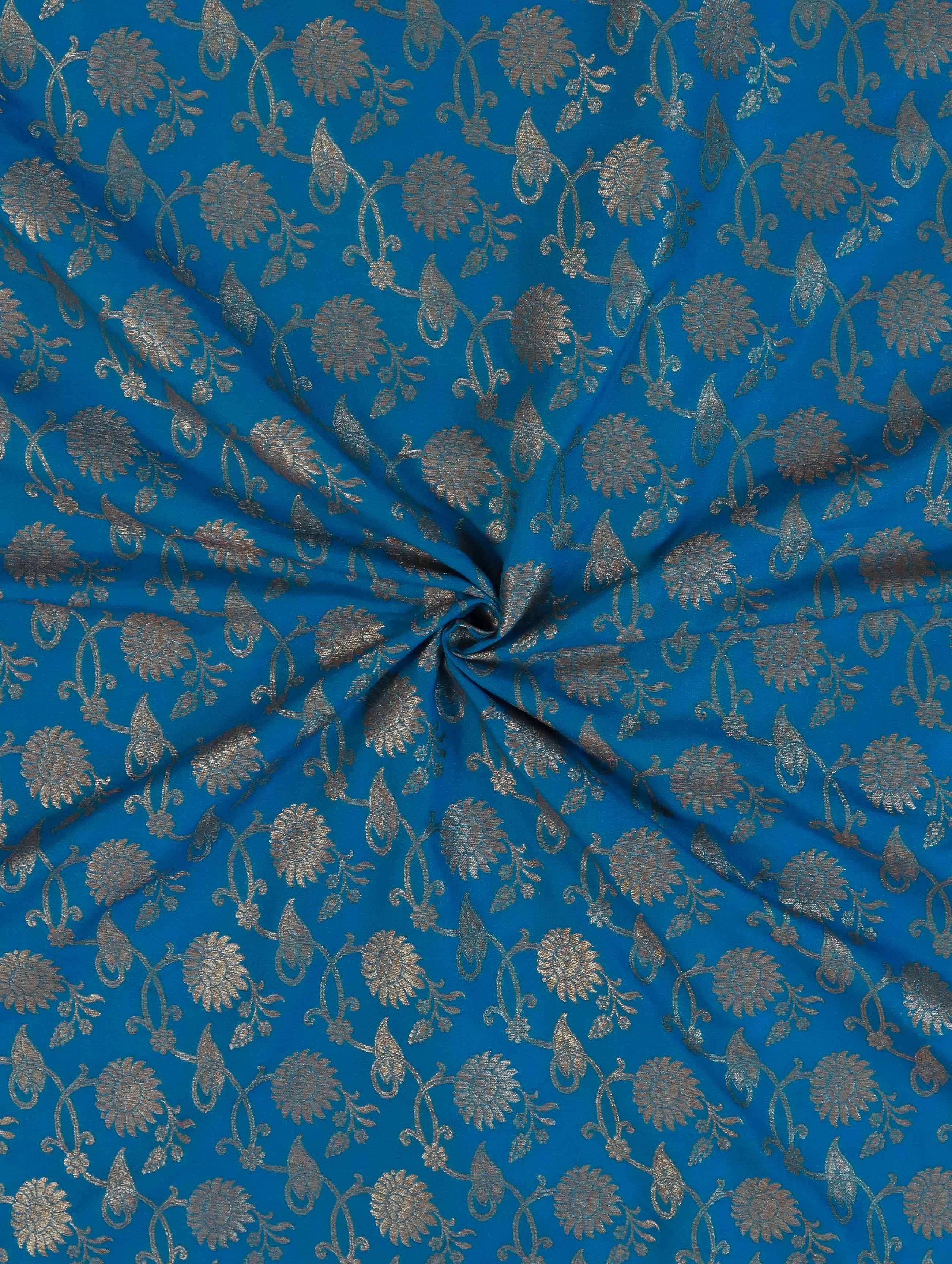 Banarasee Semi Katan Antique Zari Jaal Fabric-Blue