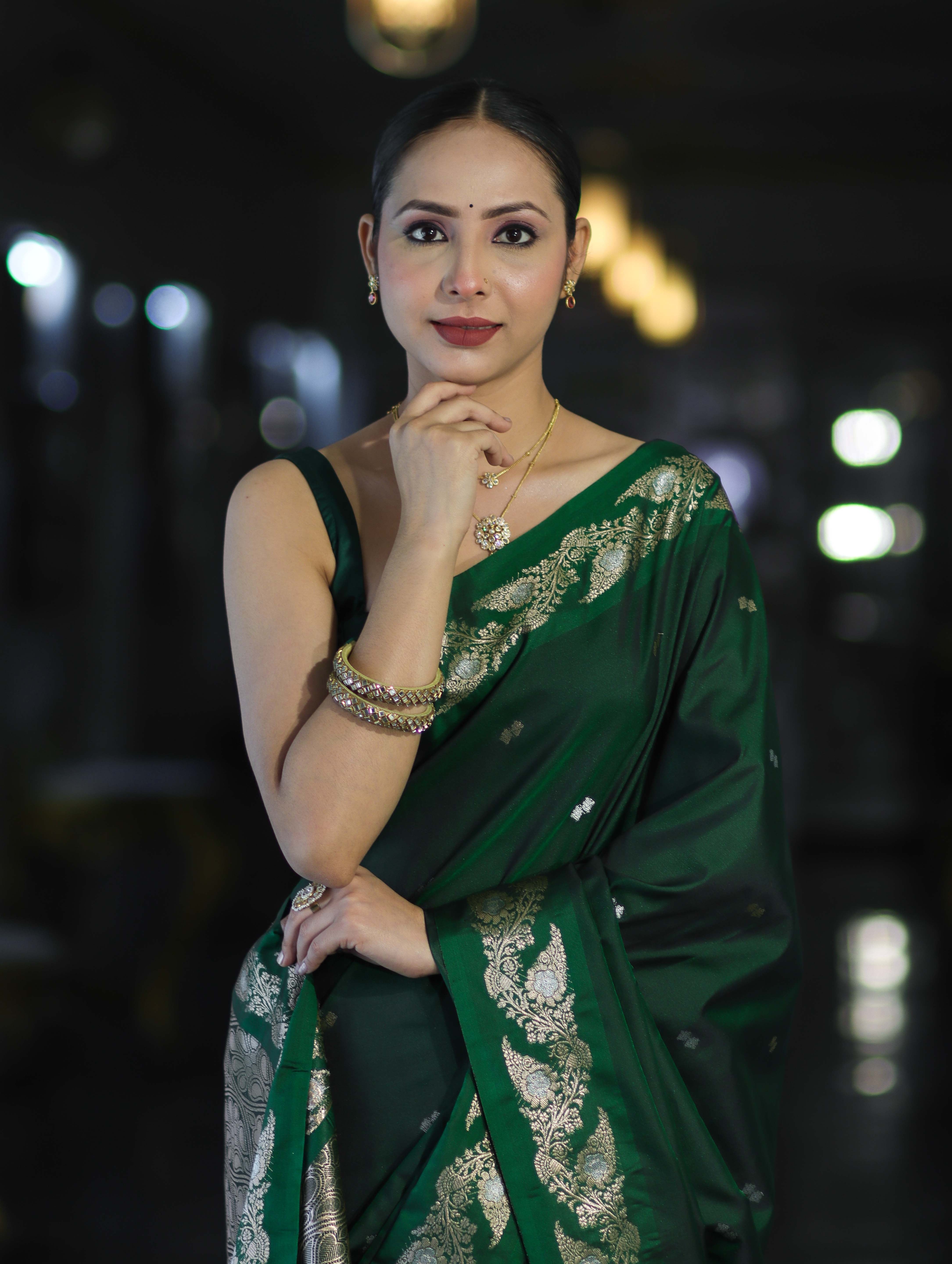 Banarasee Handloom Semi Silk Saree With Sona Rupa Zari Buti Design & Floral Border-Deep Green