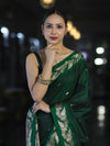 Banarasee Handloom Semi Silk Saree With Sona Rupa Zari Buti Design & Floral Border-Deep Green