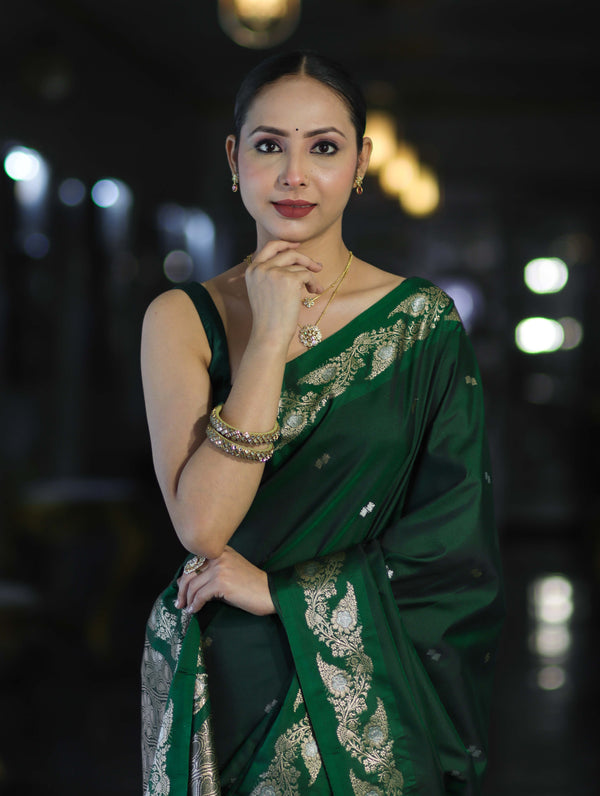 Banarasee Handloom Semi Silk Saree With Sona Rupa Zari Buti Design & Floral Border-Deep Green