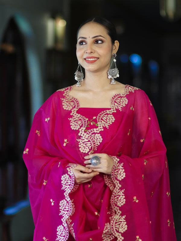 Banarasee Resham Embroidered Chanderi Salwar Kameez With Organza Dupatta Set-Magenta
