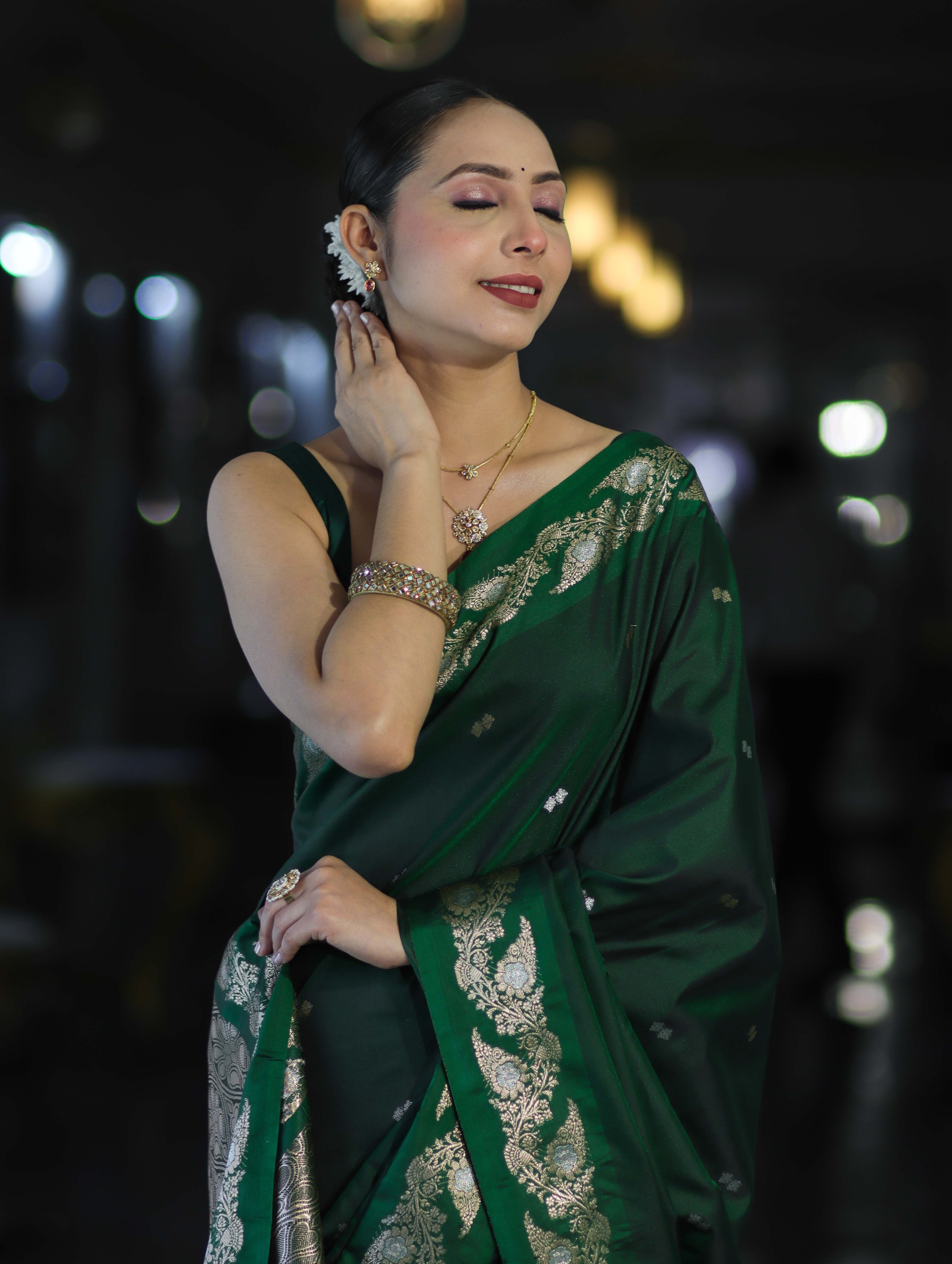 Banarasee Handloom Semi Silk Saree With Sona Rupa Zari Buti Design & Floral Border-Deep Green