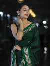 Banarasee Handloom Semi Silk Saree With Sona Rupa Zari Buti Design & Floral Border-Deep Green
