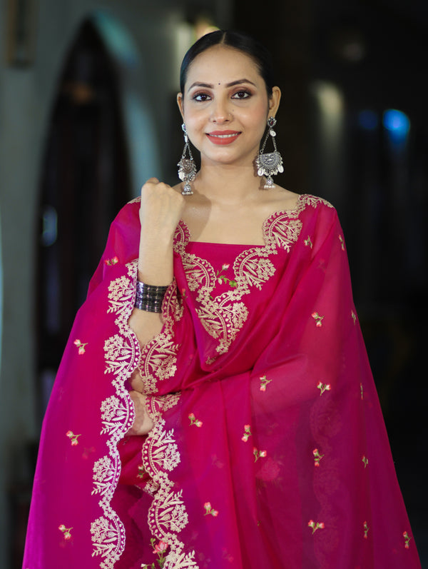 Banarasee Resham Embroidered Chanderi Salwar Kameez With Organza Dupatta Set-Magenta