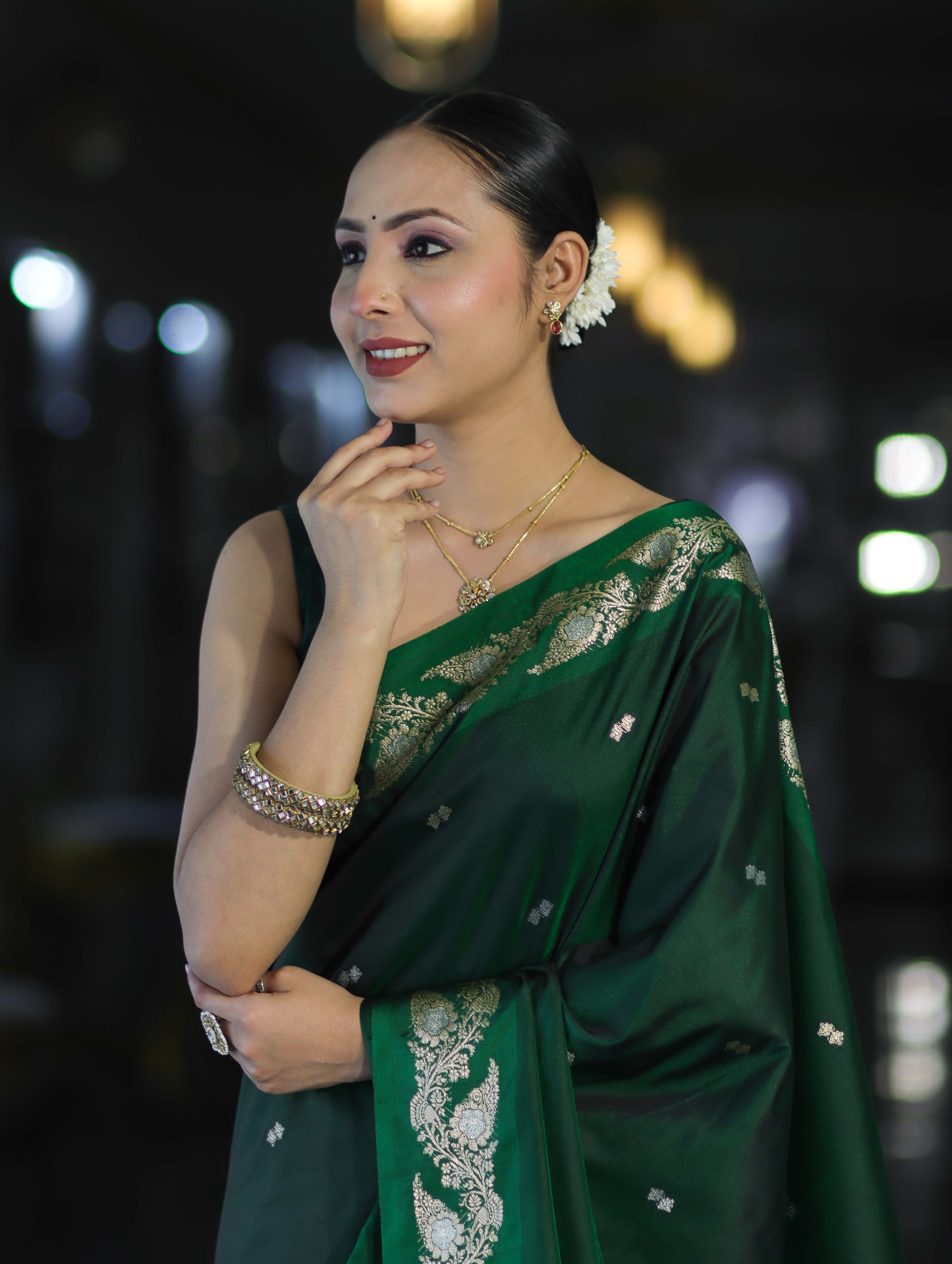 Banarasee Handloom Semi Silk Saree With Sona Rupa Zari Buti Design & Floral Border-Deep Green