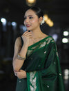 Banarasee Handloom Semi Silk Saree With Sona Rupa Zari Buti Design & Floral Border-Deep Green